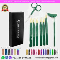 8 Pcs Powder Coated Green Handle With Gold Tip Eyelash Extension Tweezers Set