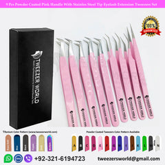 9 Pcs Powder Coated Pink Handle With Stainless Steel Tip Eyelash Extension Tweezers Set