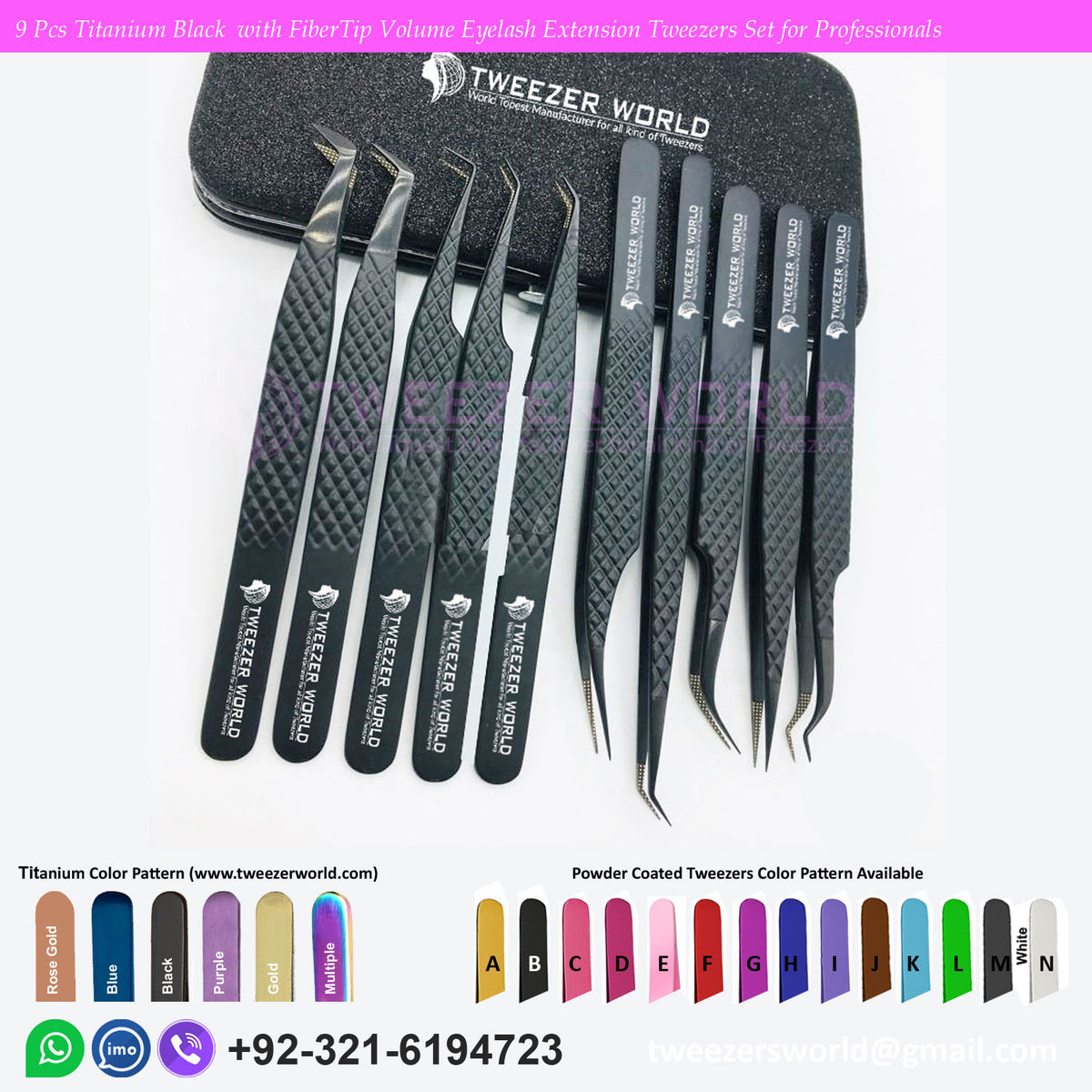 9 Pcs Titanium Black Volume Eyelash Extension Tweezers Set for Professionals