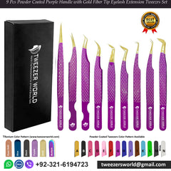 9 Pcs Powder Coated Purple Handle with Gold Fiber Tip Eyelash Extension Tweezers Set