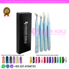 4 Pcs Glitter Powder Coated Blue Tweezer  with Stainless Steel Tip Eyelash Extension Tweezers Set