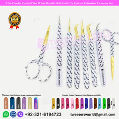 9 Pcs Powder Coated Print White Handle With Gold Tip Eyelash Extension Tweezers Set