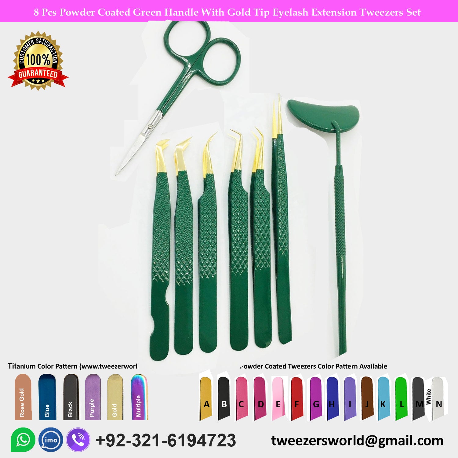 8 Pcs Powder Coated Green Handle With Gold Tip Eyelash Extension Tweezers Set