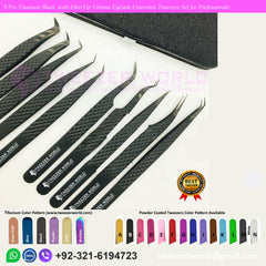 9 Pcs Titanium Black Volume Eyelash Extension Tweezers Set for Professionals