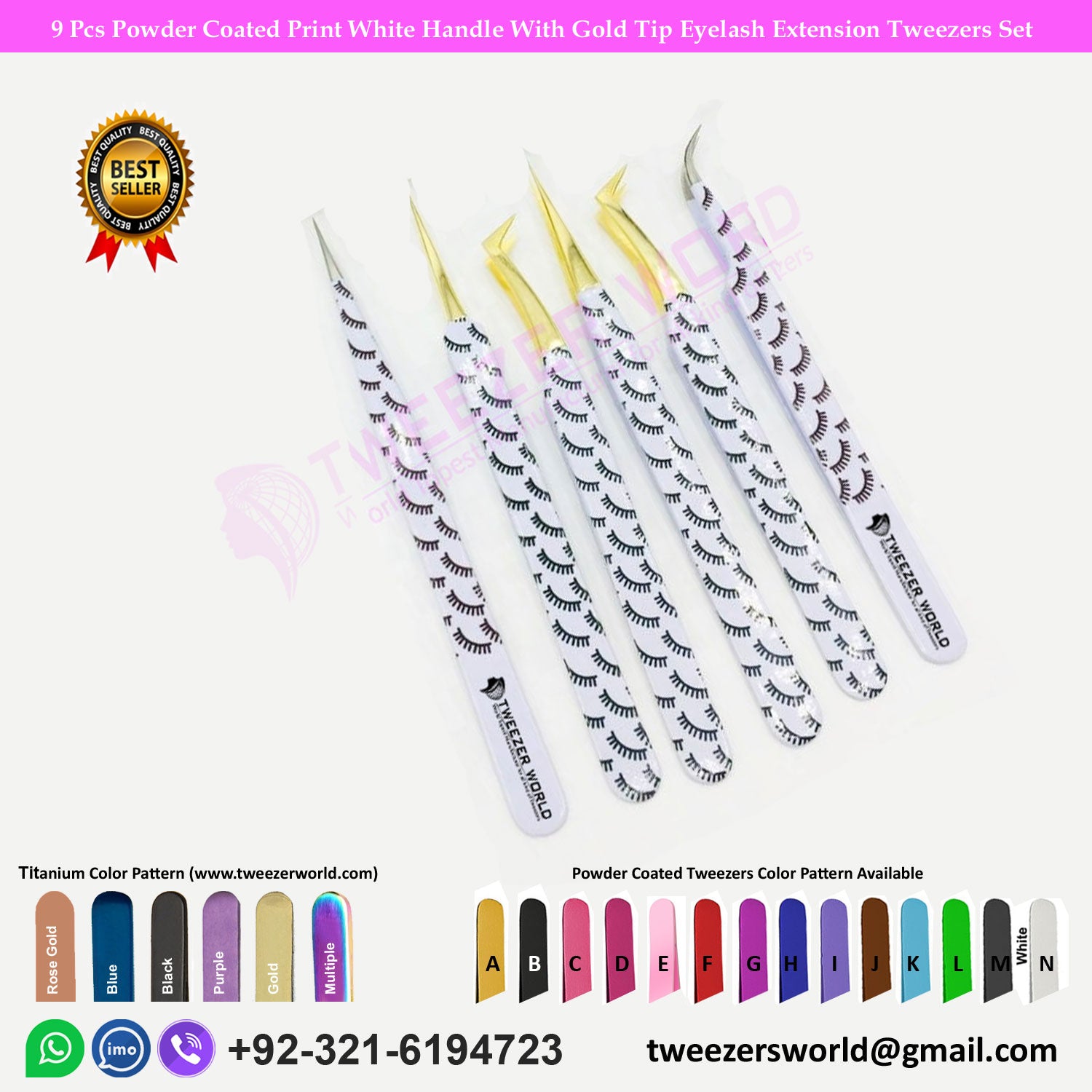 9 Pcs Powder Coated Print White Handle With Gold Tip Eyelash Extension Tweezers Set