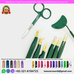 8 Pcs Powder Coated Green Handle With Gold Tip Eyelash Extension Tweezers Set