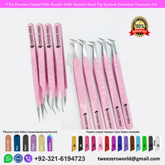 9 Pcs Powder Coated Pink Handle With Stainless Steel Tip Eyelash Extension Tweezers Set