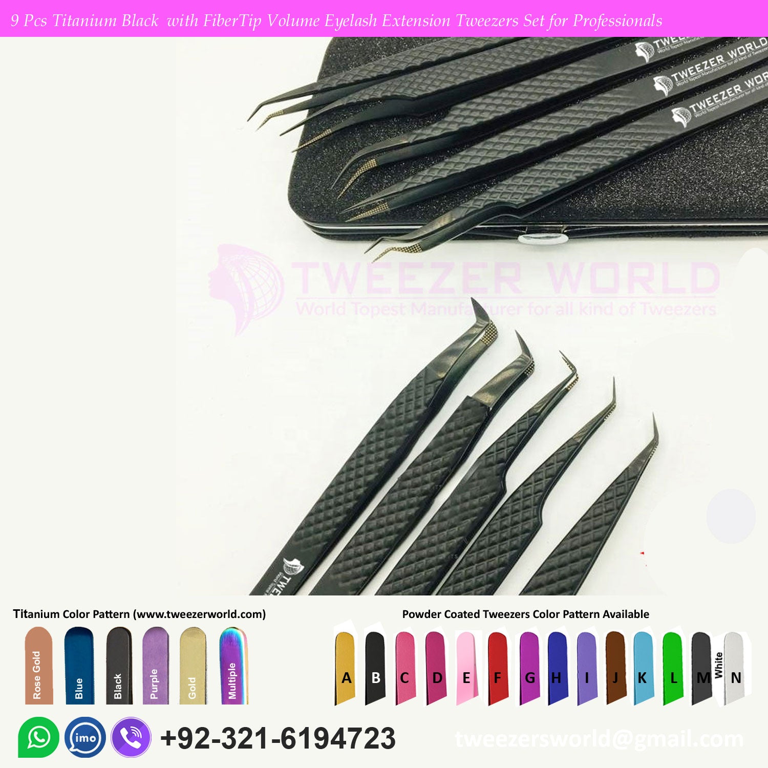 9 Pcs Titanium Black Volume Eyelash Extension Tweezers Set for Professionals