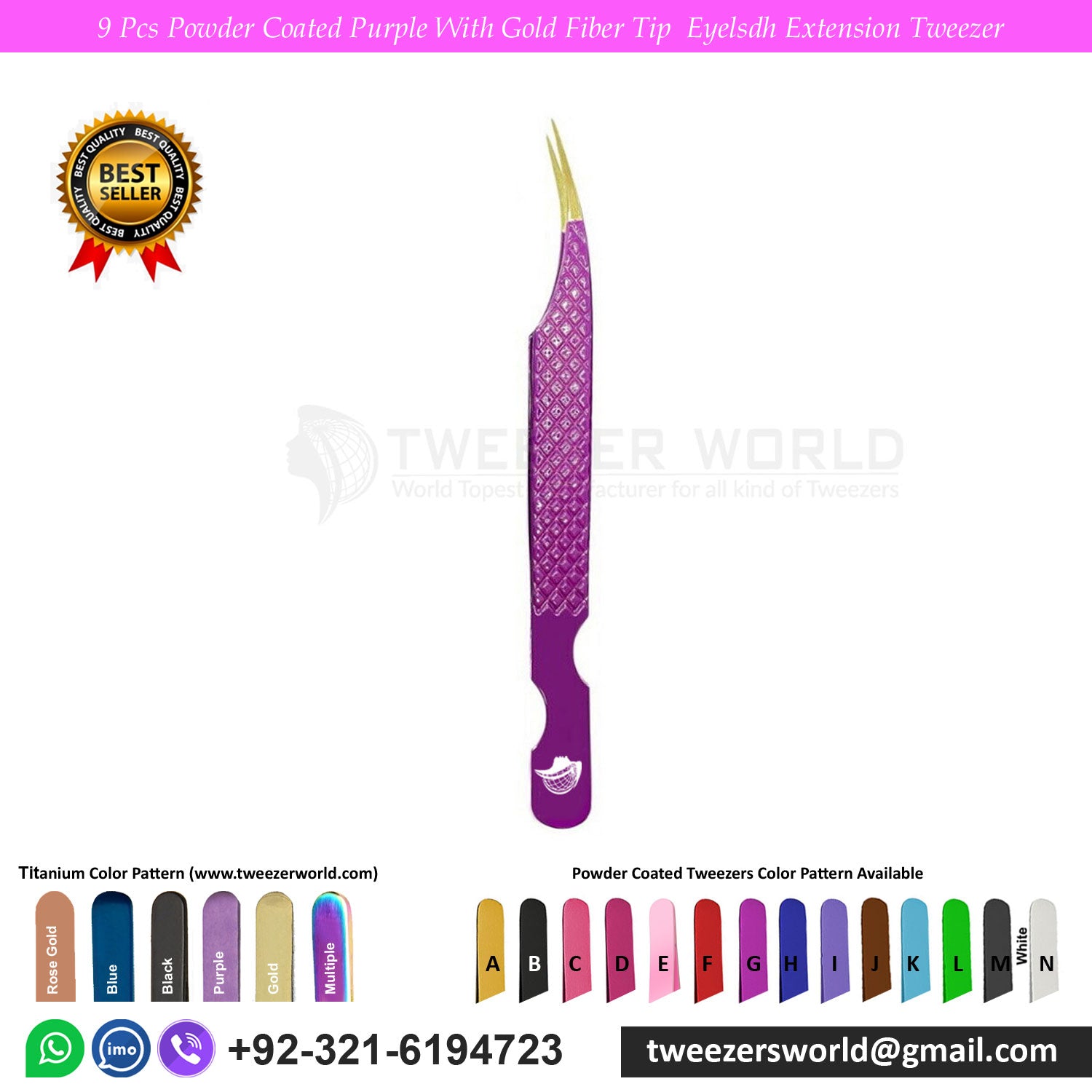 9 Pcs Powder Coated Purple Handle with Gold Fiber Tip Eyelash Extension Tweezers Set