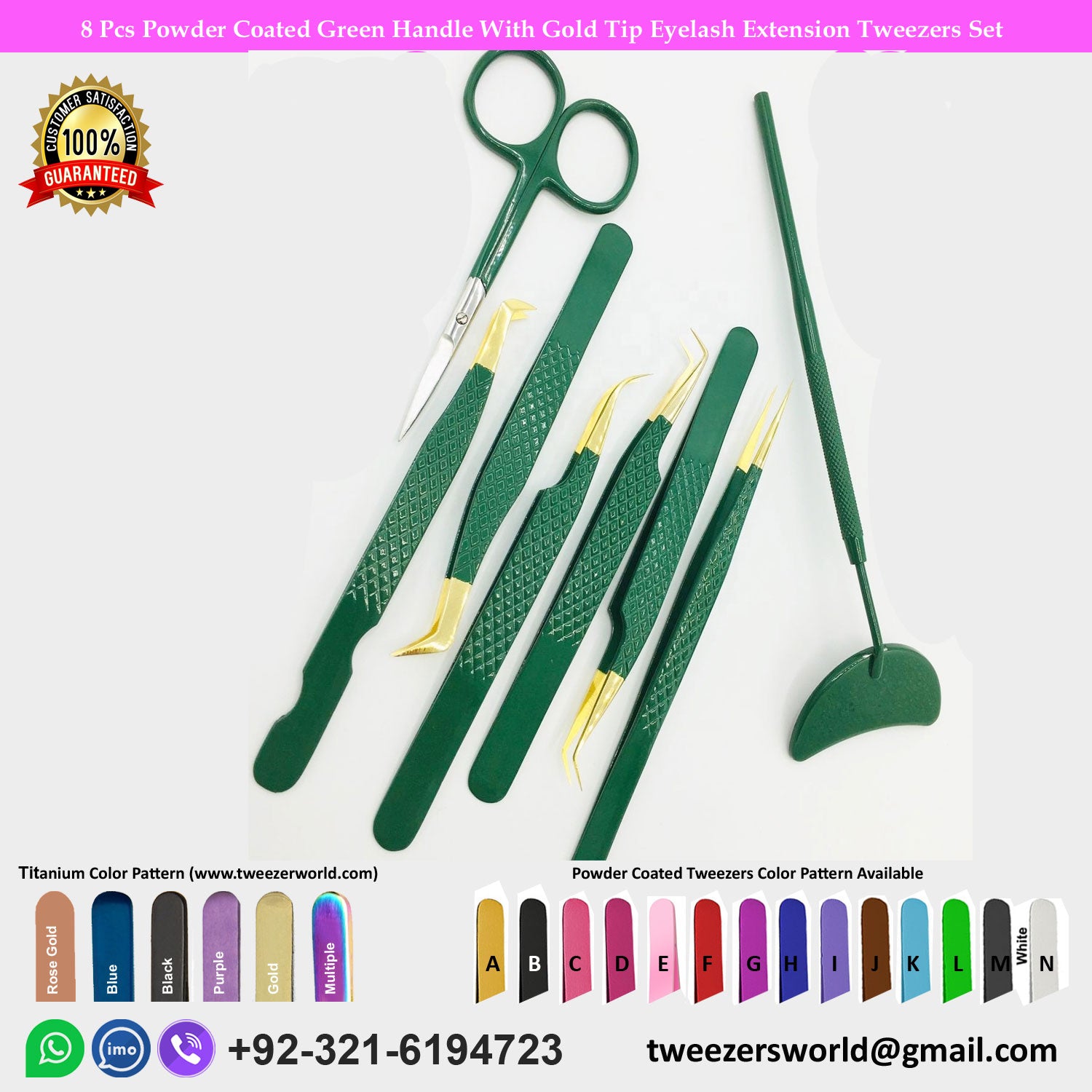 8 Pcs Powder Coated Green Handle With Gold Tip Eyelash Extension Tweezers Set