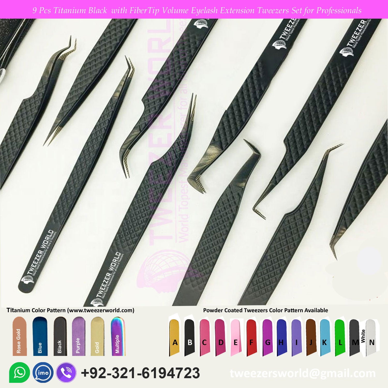 9 Pcs Titanium Black Volume Eyelash Extension Tweezers Set for Professionals