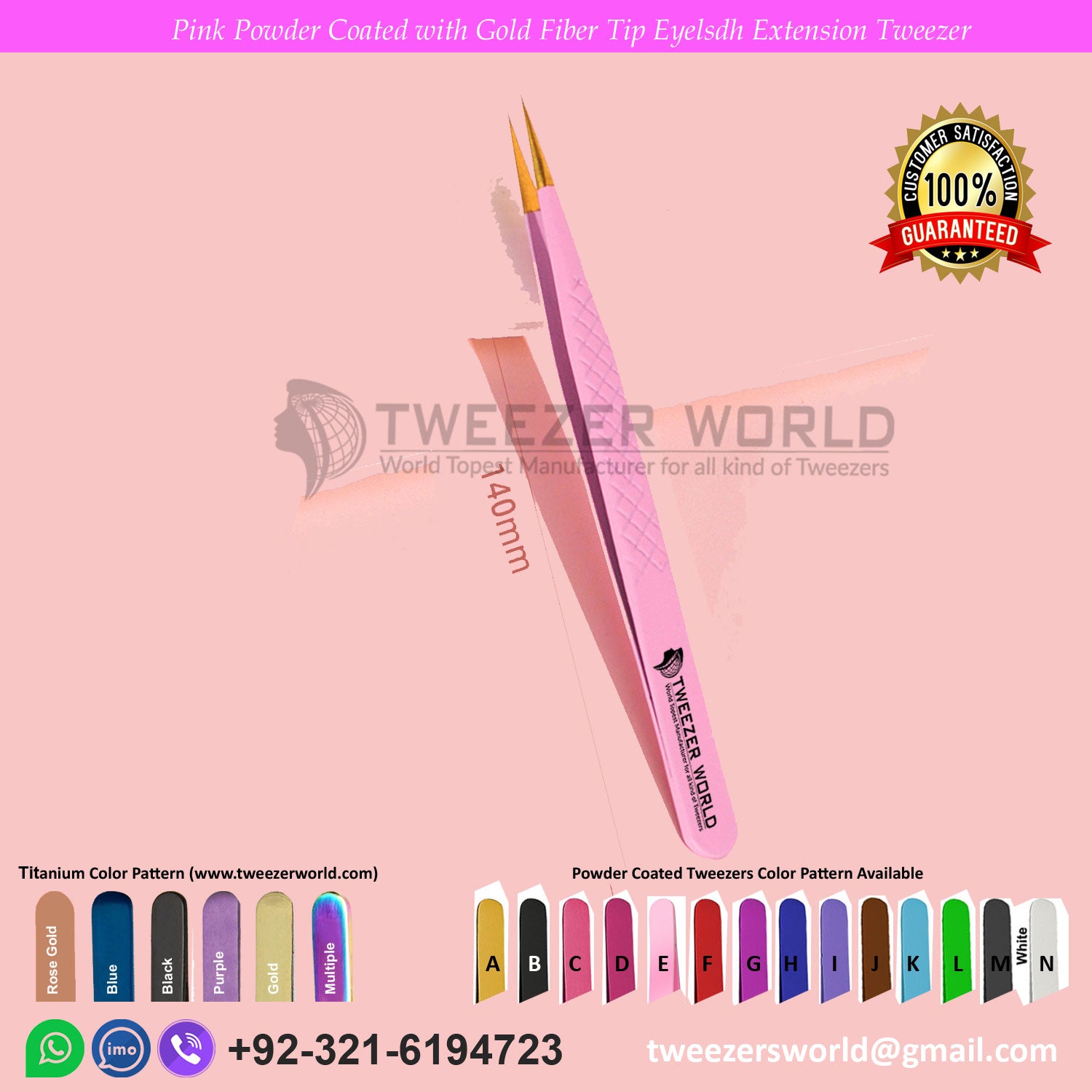 9 Pcs Powder Coated Pink With Gold Fiber Tip Eyelash Extension Tweezers Set for Professionals