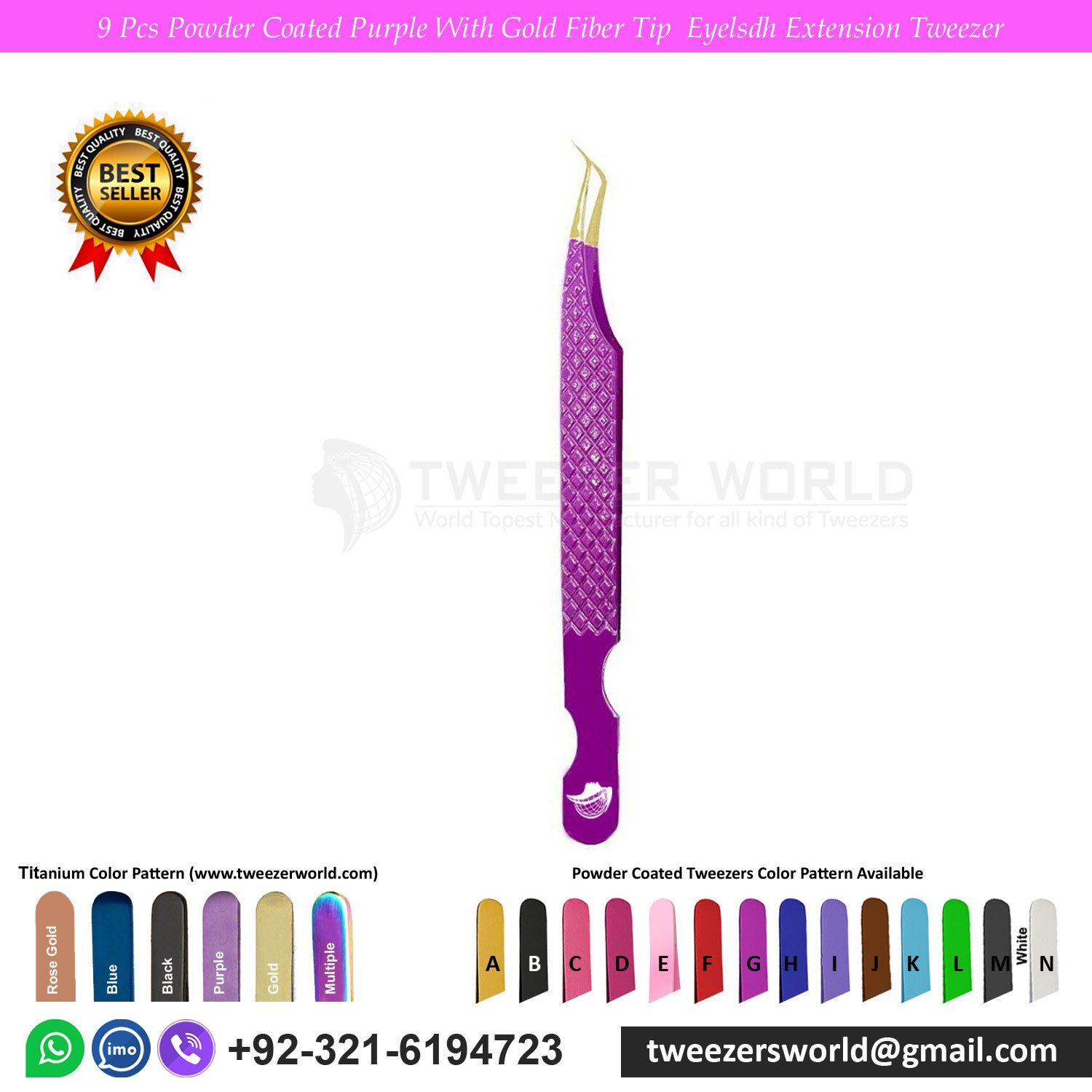 9 Pcs Powder Coated Purple Handle with Gold Fiber Tip Eyelash Extension Tweezers Set