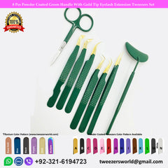 8 Pcs Powder Coated Green Handle With Gold Tip Eyelash Extension Tweezers Set