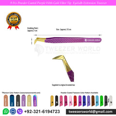 9 Pcs Powder Coated Purple Handle with Gold Fiber Tip Eyelash Extension Tweezers Set