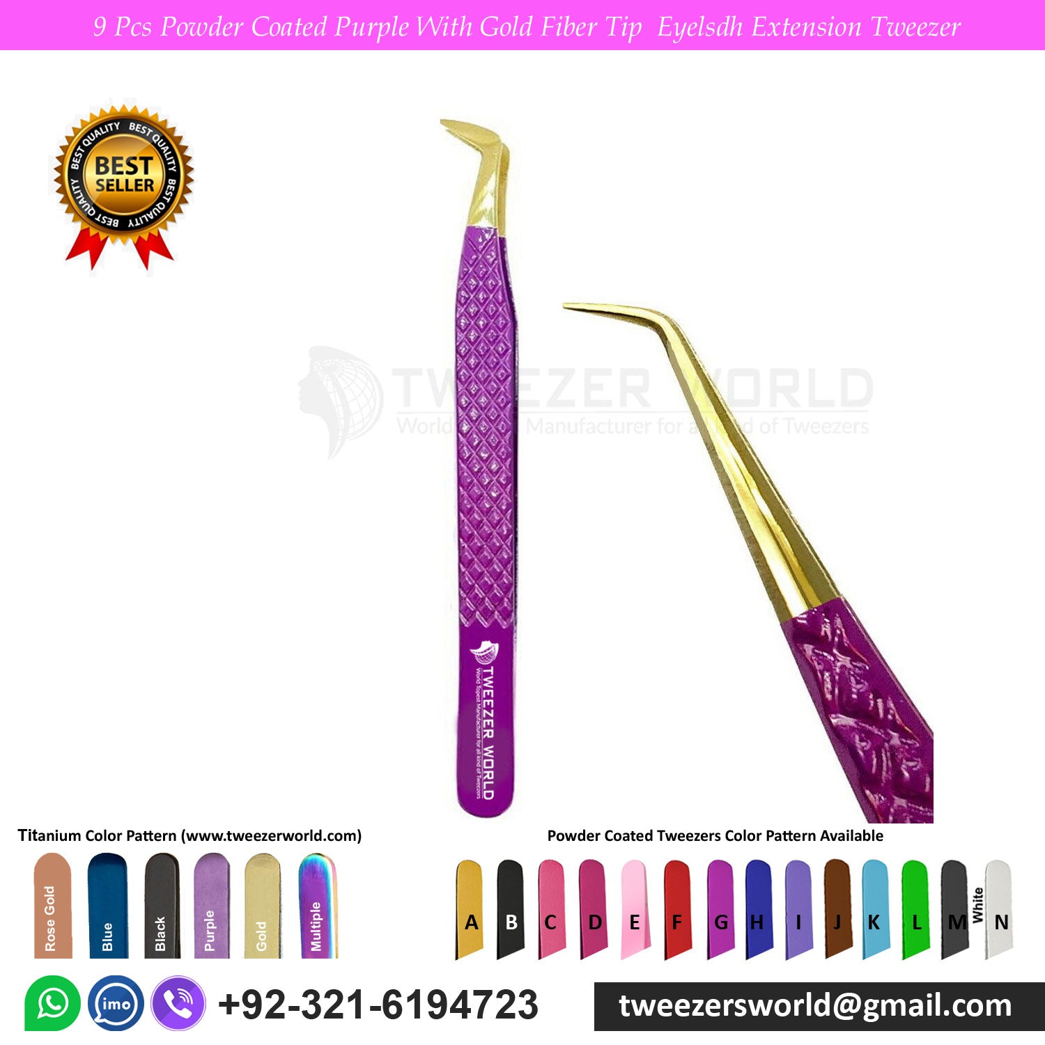 9 Pcs Powder Coated Purple Handle with Gold Fiber Tip Eyelash Extension Tweezers Set