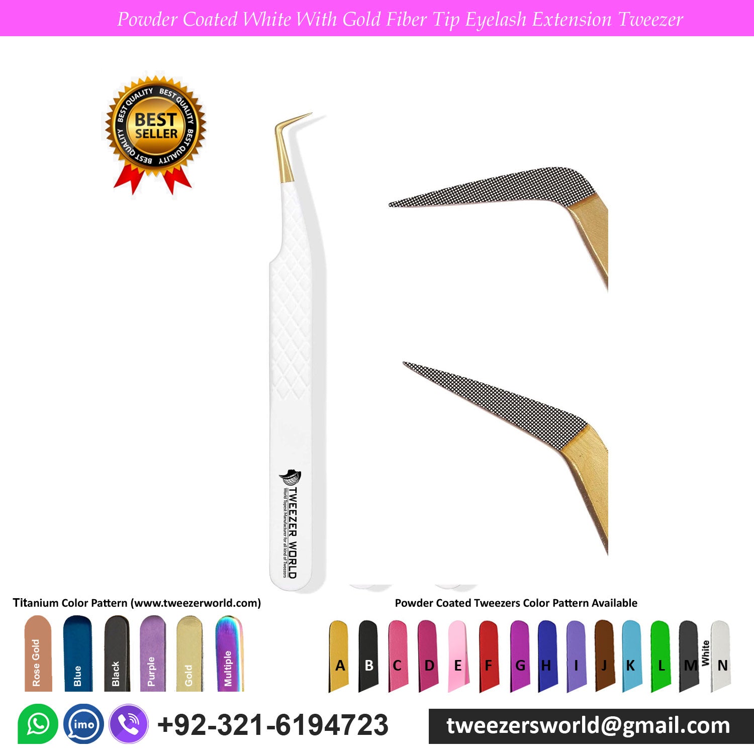 Powder Coated White with Fiber Tip Eyelash Extension Tweezers