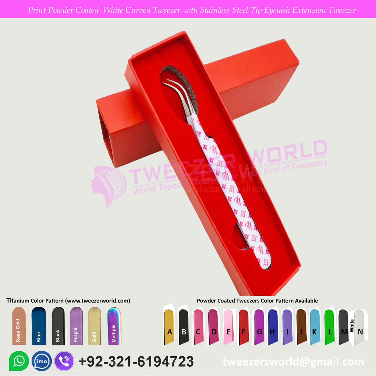 Print Powder Coated White Curved Tweezer with Stainless Steel Tip Eyelash Extension Tweezer