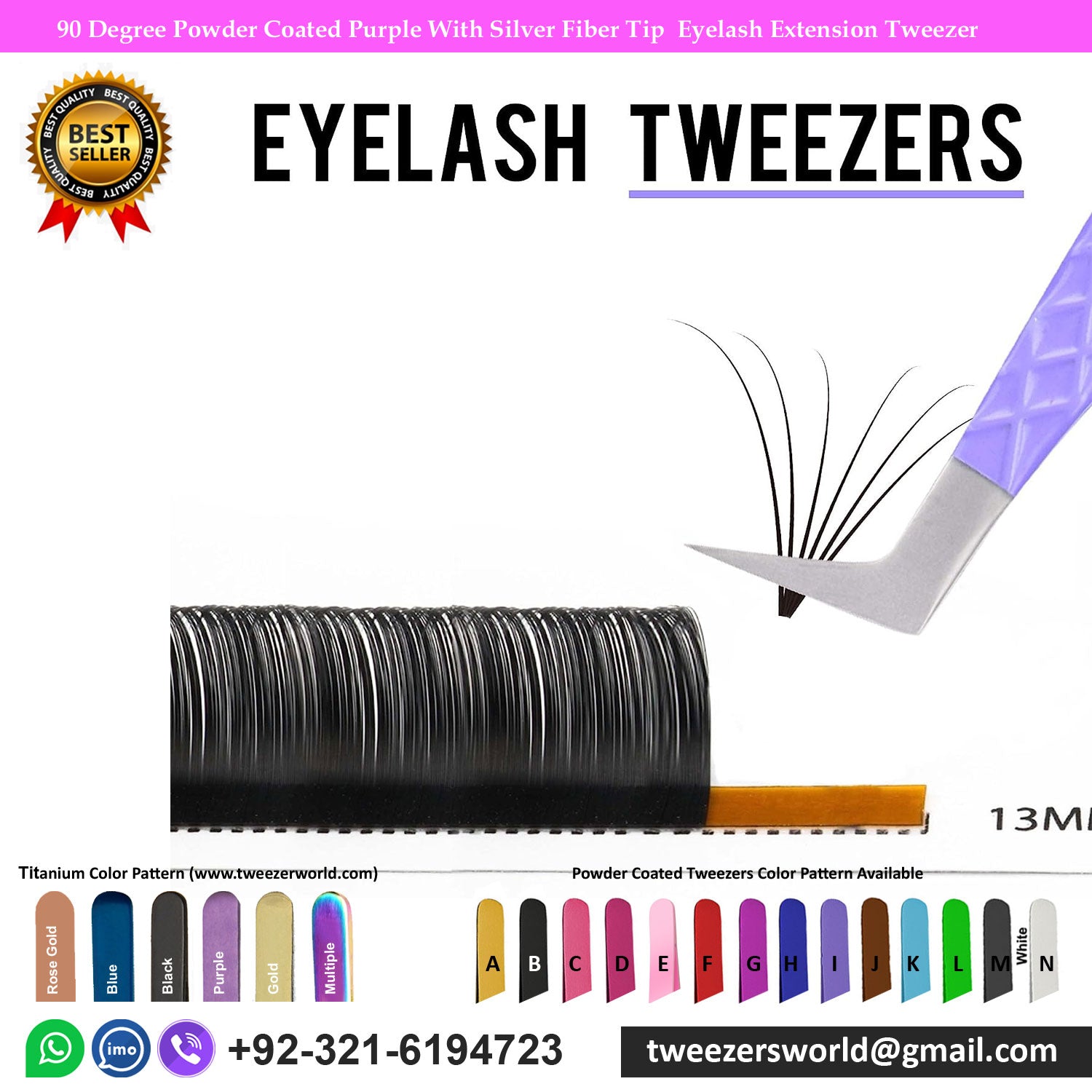 90 Degree Powder Coated Purple With Silver Fiber Tip  Eyelash Extension Tweezer