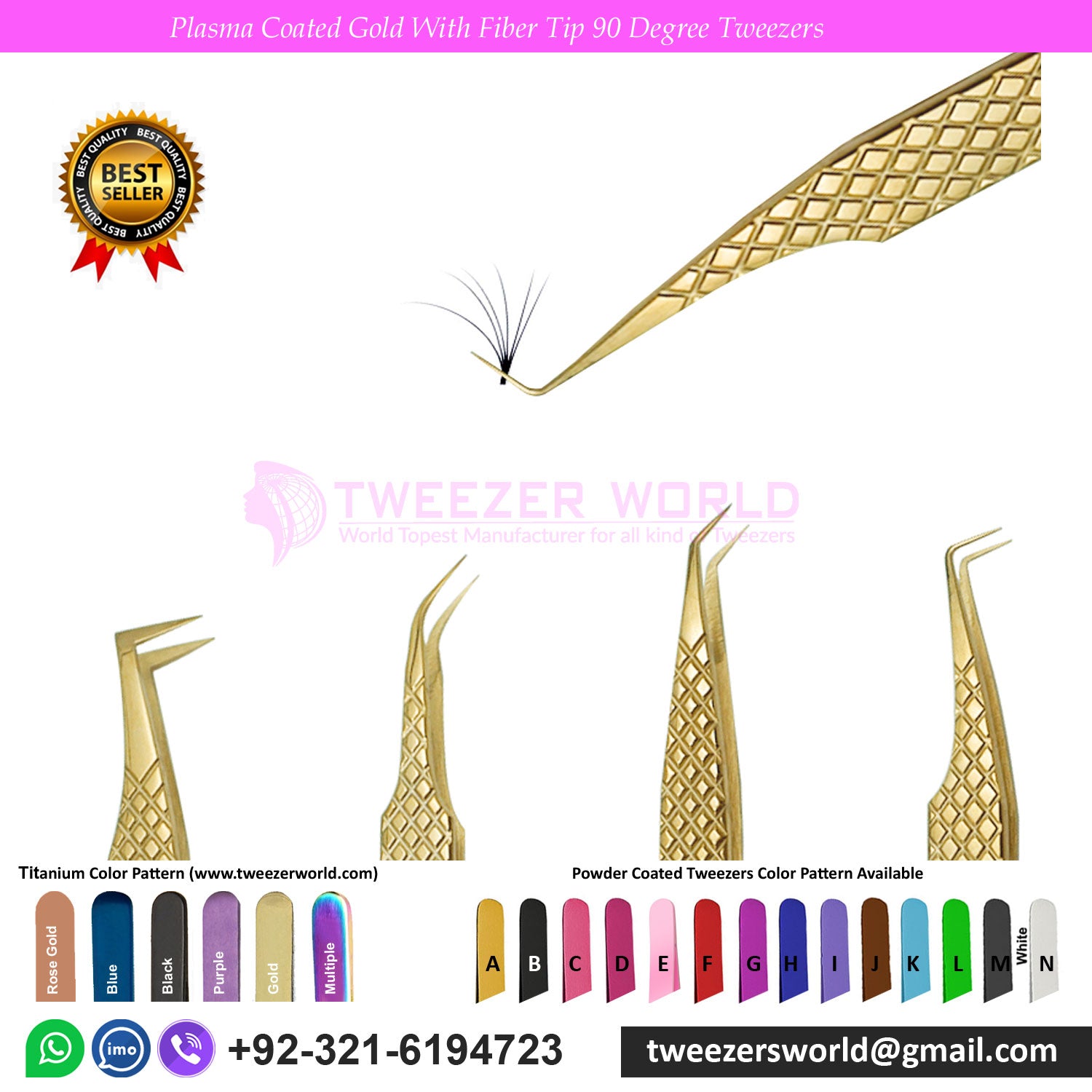 Plasma Coated Gold With Diamond Grip Fiber Tip Eyelash Extension Tweezer