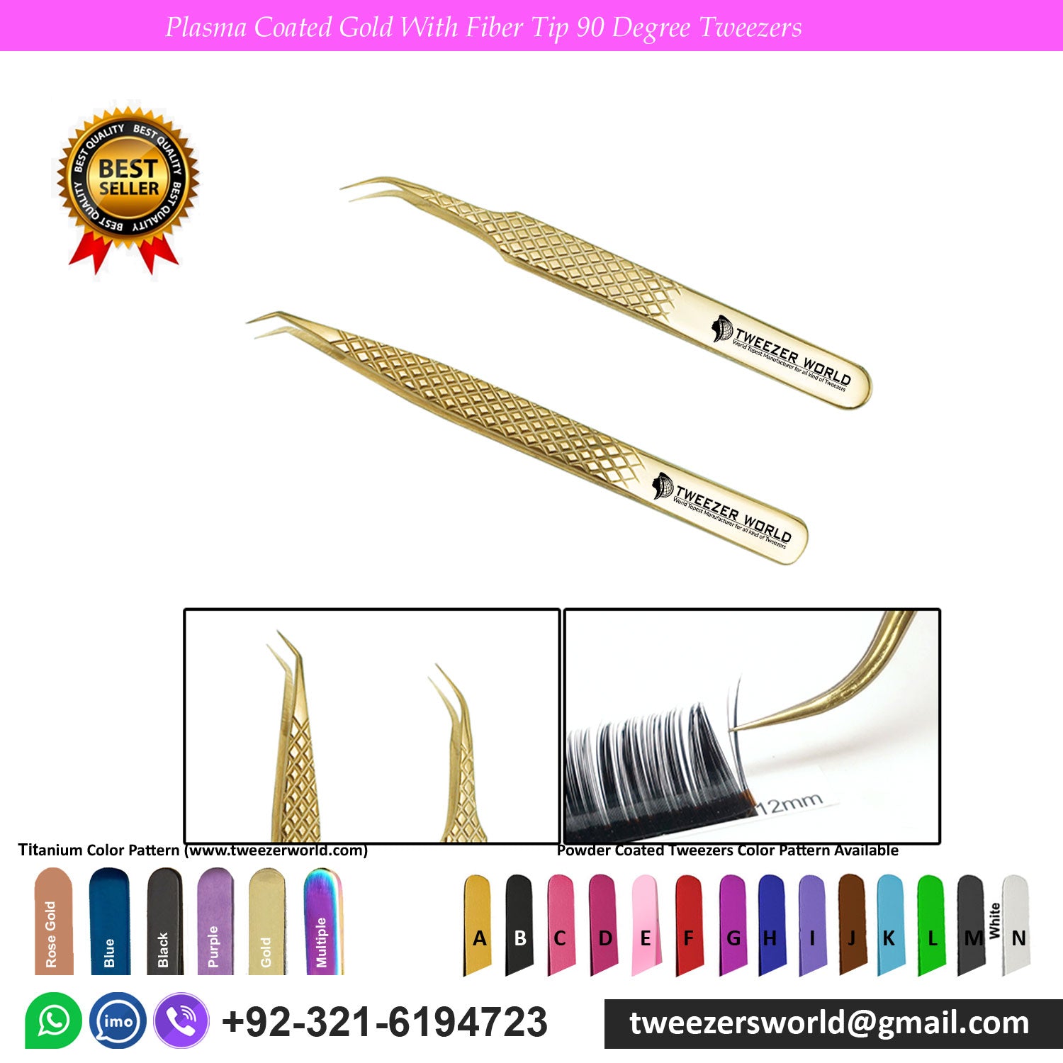 Plasma Coated Gold With Diamond Grip Fiber Tip Eyelash Extension Tweezer