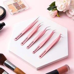 5 Pcs Powder Coated Pink Eyelash Extension Tweezers Set for Professionals