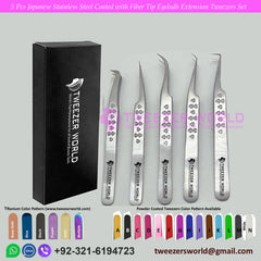 5 Pcs Japanese Stainless Steel with Heart Shape Fiber Tip Eyelash Extension Tweezers Set