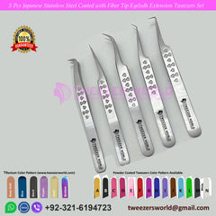 5 Pcs Japanese Stainless Steel with Heart Shape Fiber Tip Eyelash Extension Tweezers Set