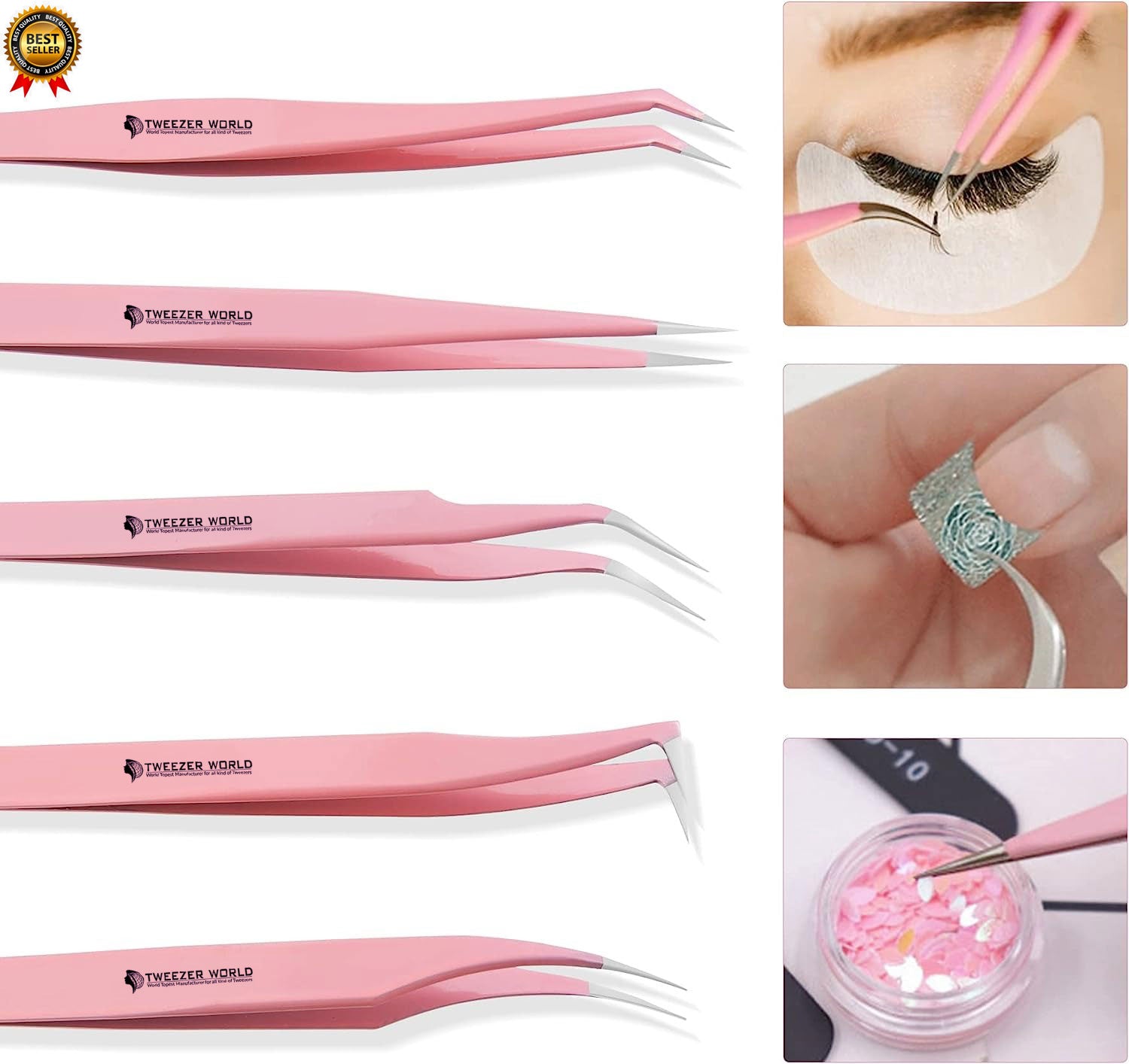 5 Pcs Powder Coated Pink Eyelash Extension Tweezers Set for Professionals