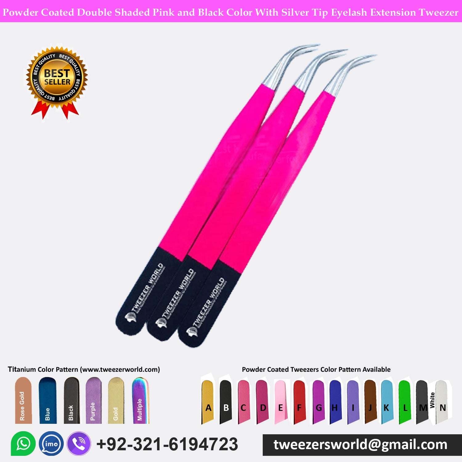 3 Pcs Double Shaded Powder Coated Pink and Black With Silver Tip Eyelash Extension Tweezers