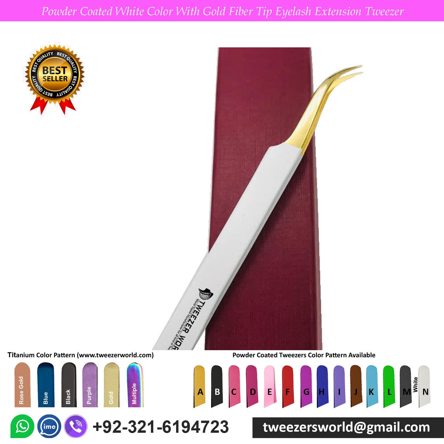 Powder Coated White Color With Gold Fiber Tip Eyelash Extension Tweezer