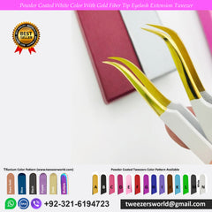 Powder Coated White Color With Gold Fiber Tip Eyelash Extension Tweezer