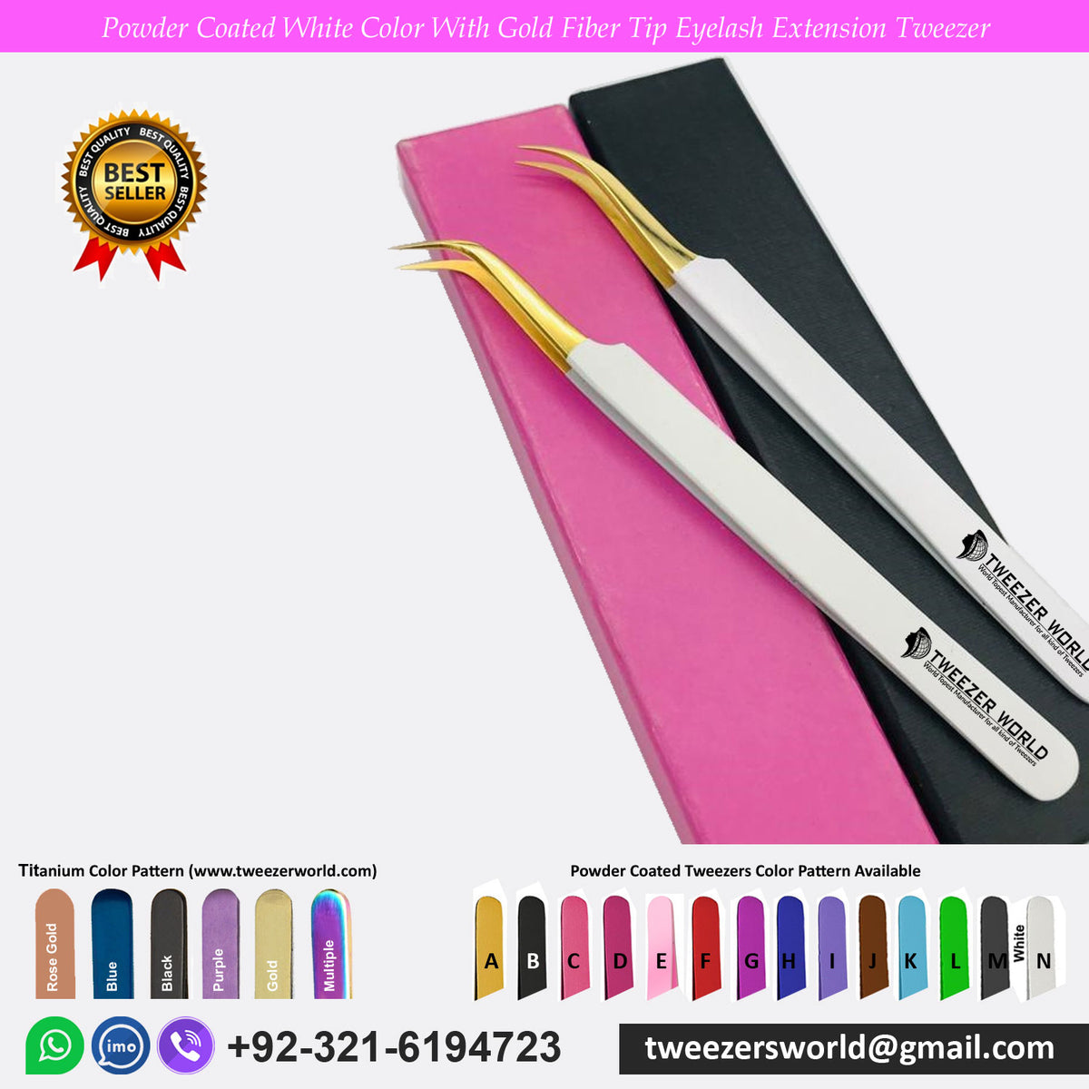 Powder Coated White Color With Gold Fiber Tip Eyelash Extension Tweezer