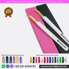 Powder Coated White Color With Gold Fiber Tip Eyelash Extension Tweezer