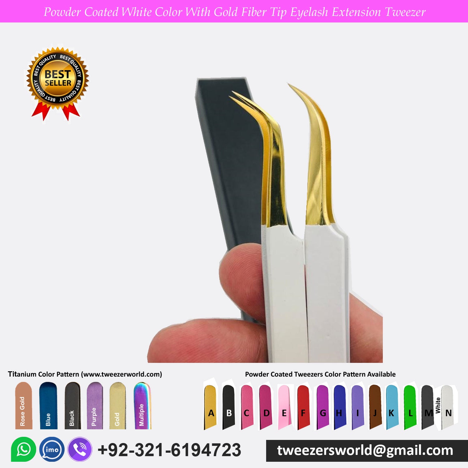 Powder Coated White Color With Gold Fiber Tip Eyelash Extension Tweezer