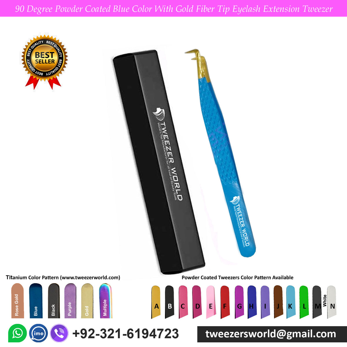 90 Degree Powder Coated Blue Color With Gold Fiber Tip Eyelash Extension Tweezer