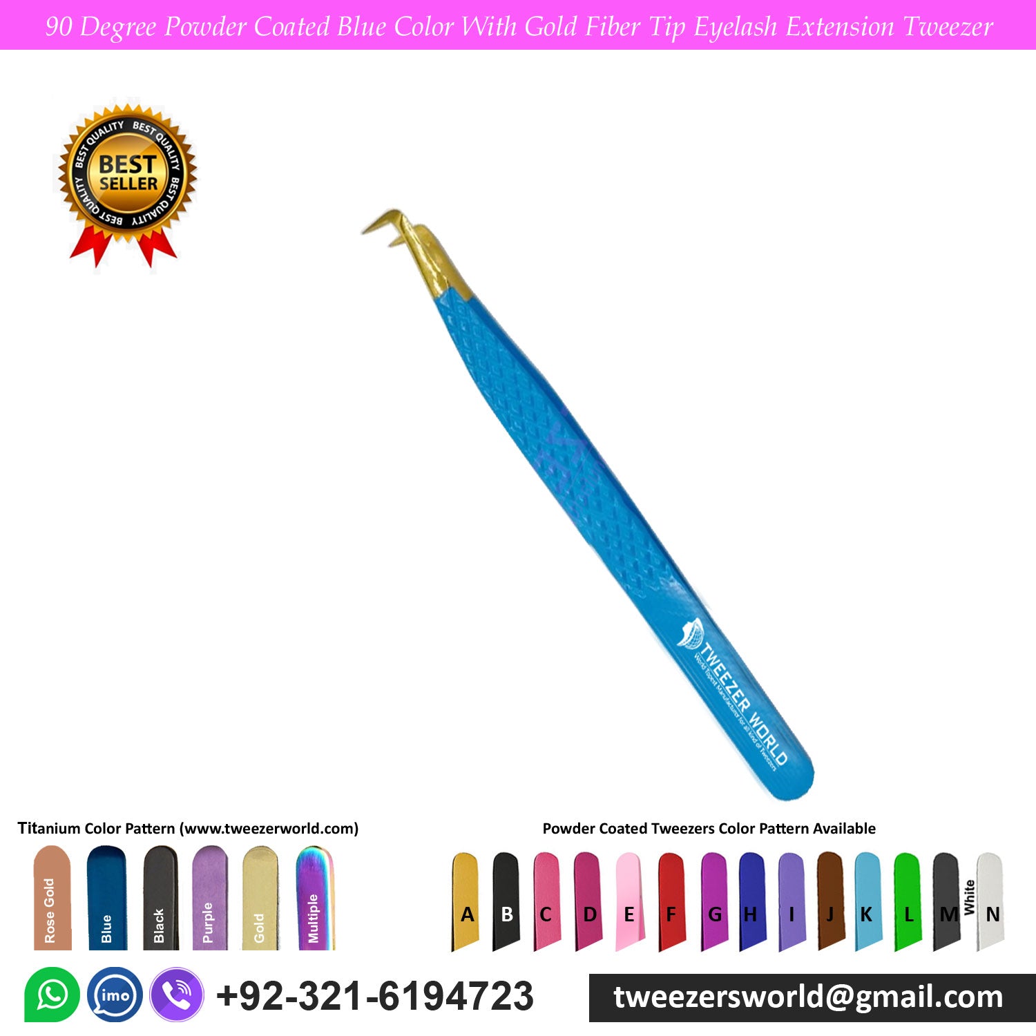 90 Degree Powder Coated Blue Color With Gold Fiber Tip Eyelash Extension Tweezer