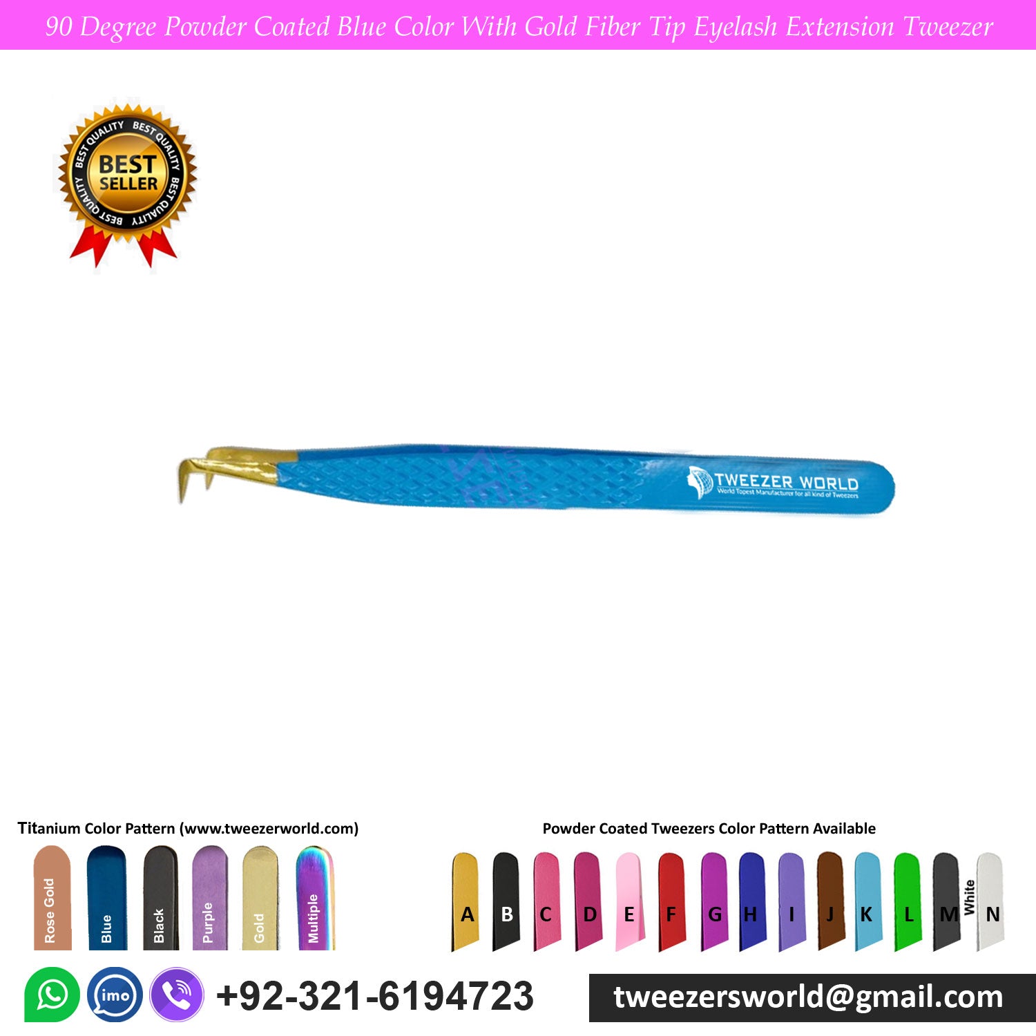 90 Degree Powder Coated Blue Color With Gold Fiber Tip Eyelash Extension Tweezer