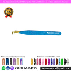 90 Degree Powder Coated Blue Color With Gold Fiber Tip Eyelash Extension Tweezer