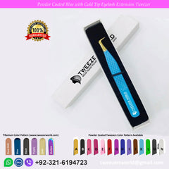 90 Degree Rounded Mega Volume Powder Coated Blue Handle with Gold Tip Eyelash  Extension Tweezers