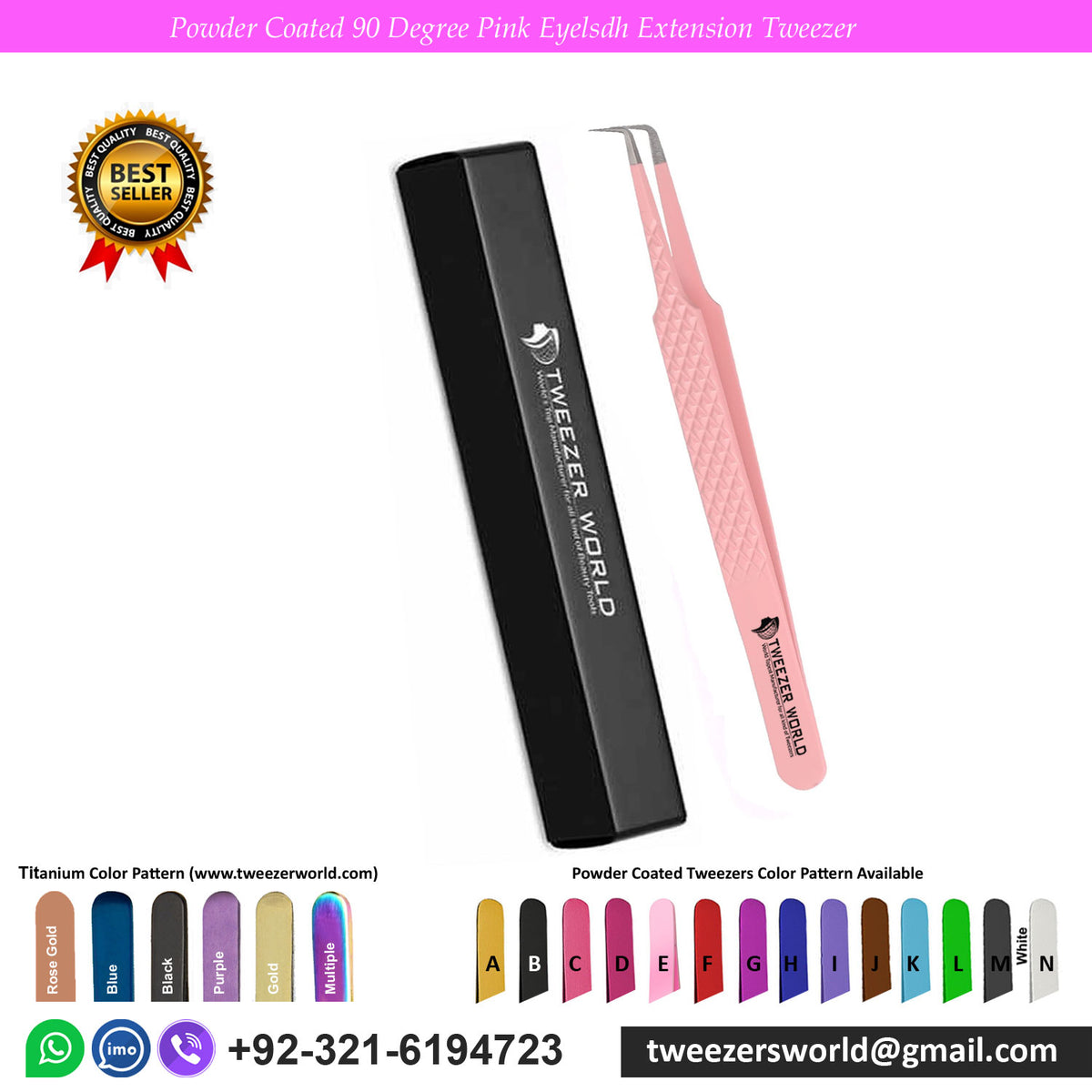 90 Degree Tweezers Powder Coated Pink For Eyelash Extension