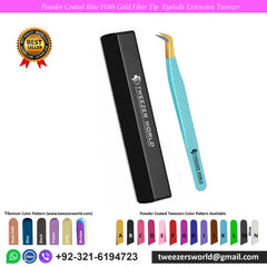 Powder Coated Blue Handle With Gold Fiber Tip Eyelash Extension Tweezer