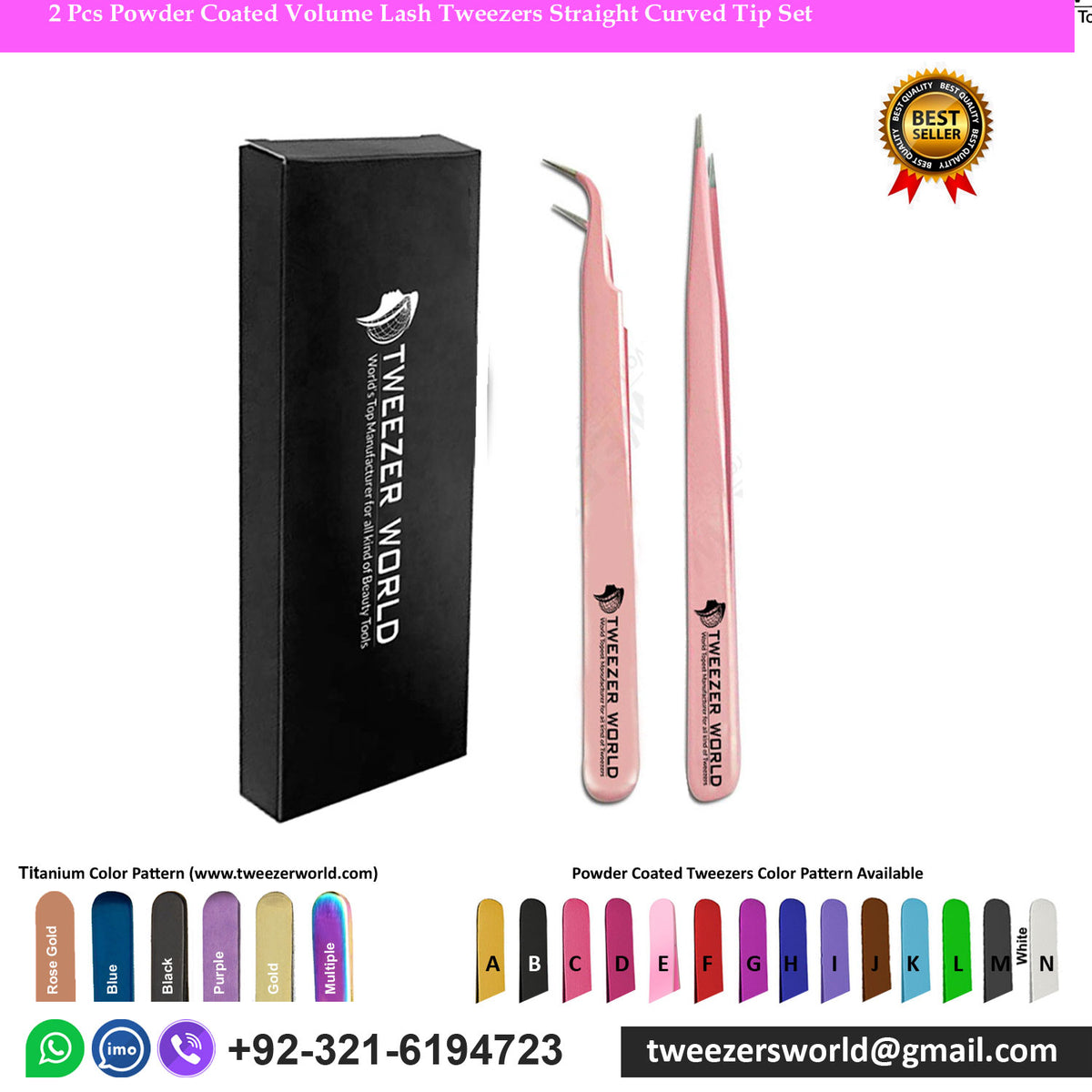 2 Pcs Powder Coated Volume Lash Tweezers Straight Curved Tip Tweezers Set