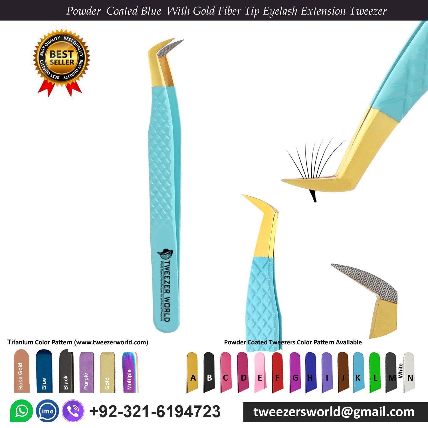 Powder Coated Blue Handle With Gold Fiber Tip Eyelash Extension Tweezer