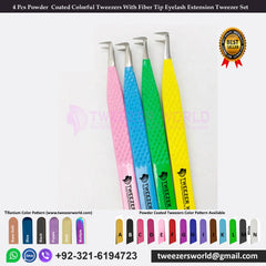 4 Pcs Powder  Coated Colorful Tweezers With Fiber Tip Eyelash Extension Tweezer Set