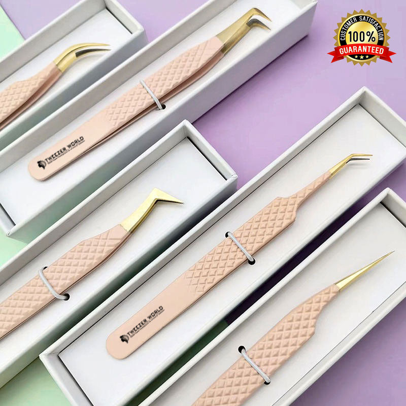 5 Pcs Powder Coated Nude With Gold Fiber Tip Volume Boost Eyelash Extension Tweezers Set