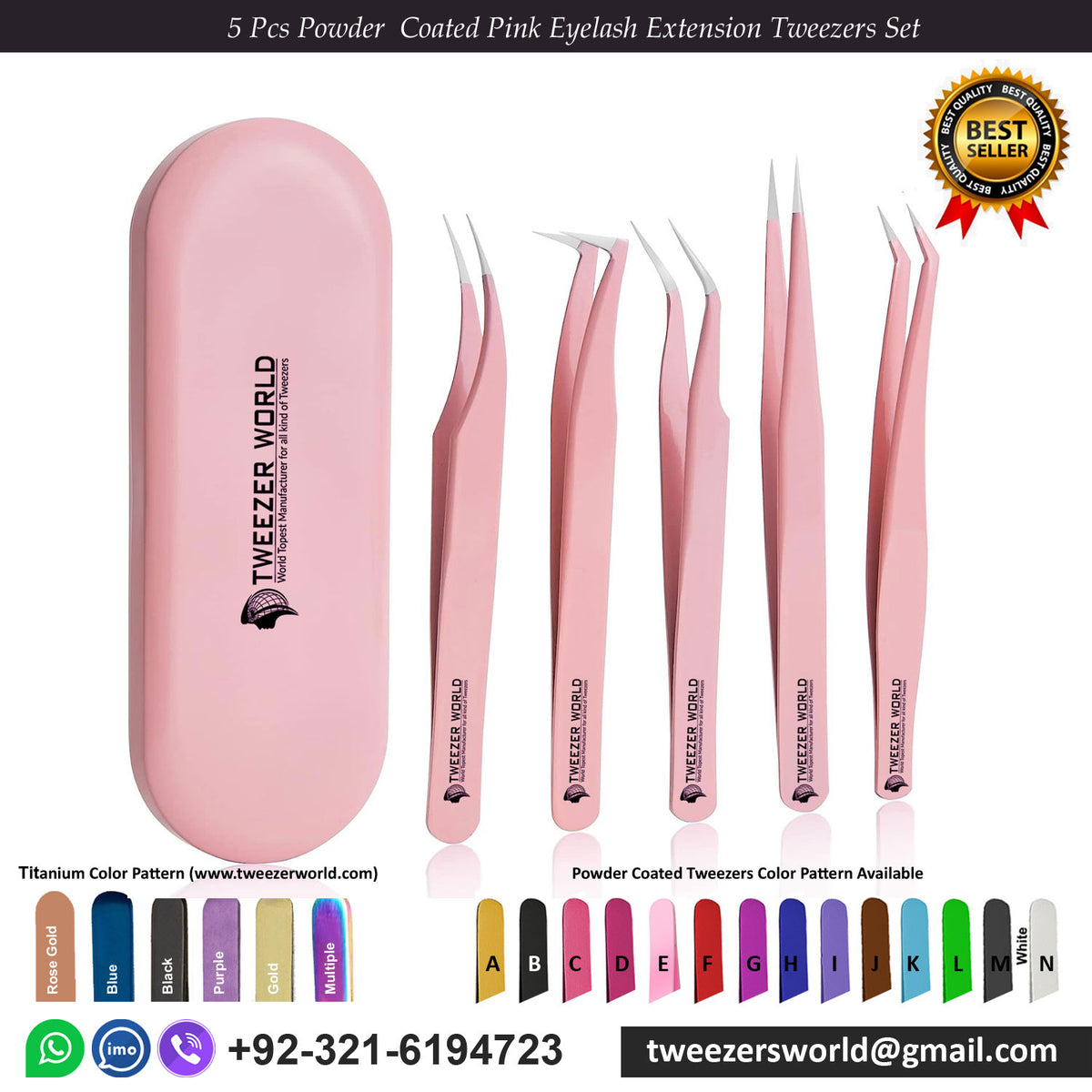 5 Pcs Powder Coated Pink Eyelash Extension Tweezers Set for Professionals