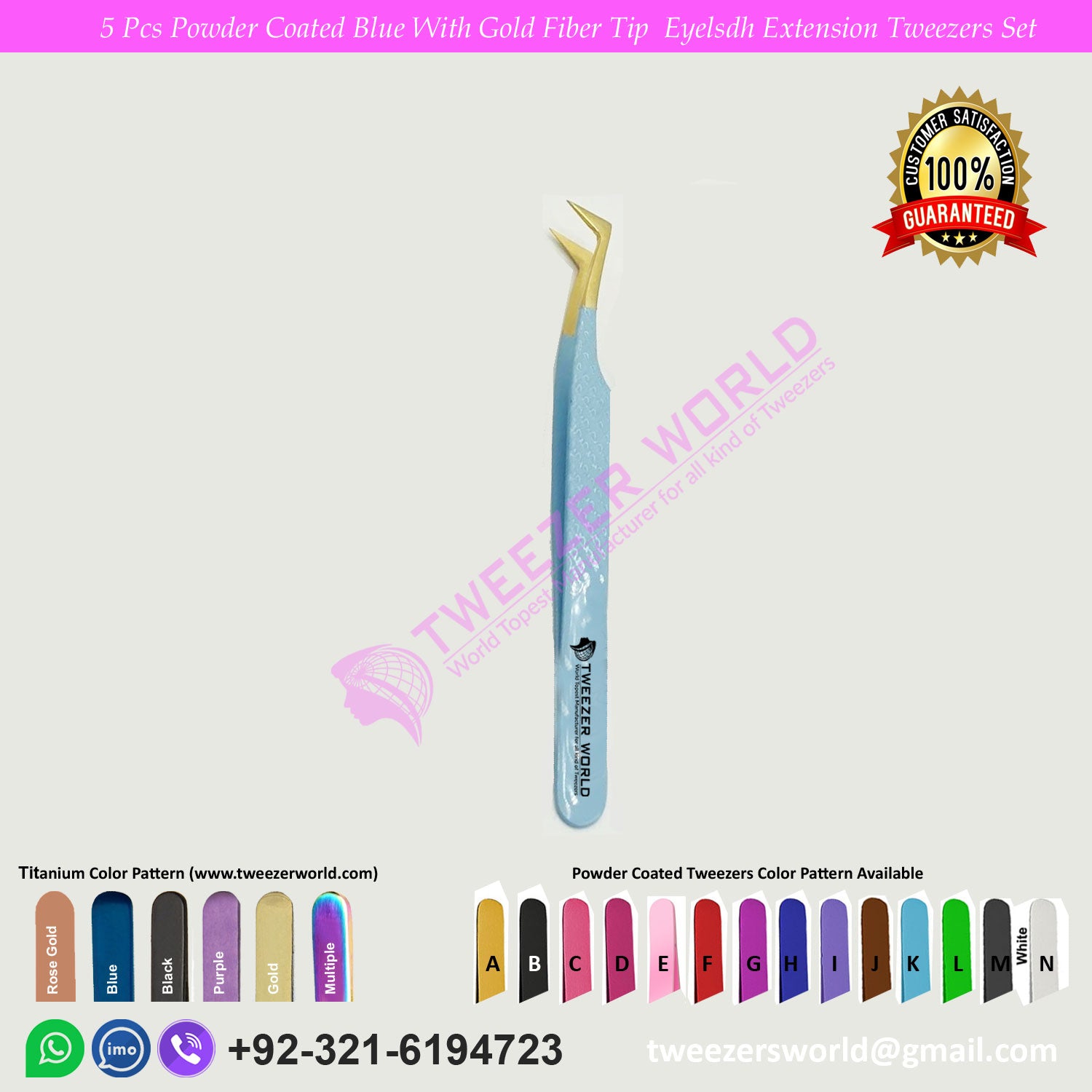 5 Pcs Powder Coated Blue Handle With Gold Fiber Tip Eyelash Extension Tweezers Set