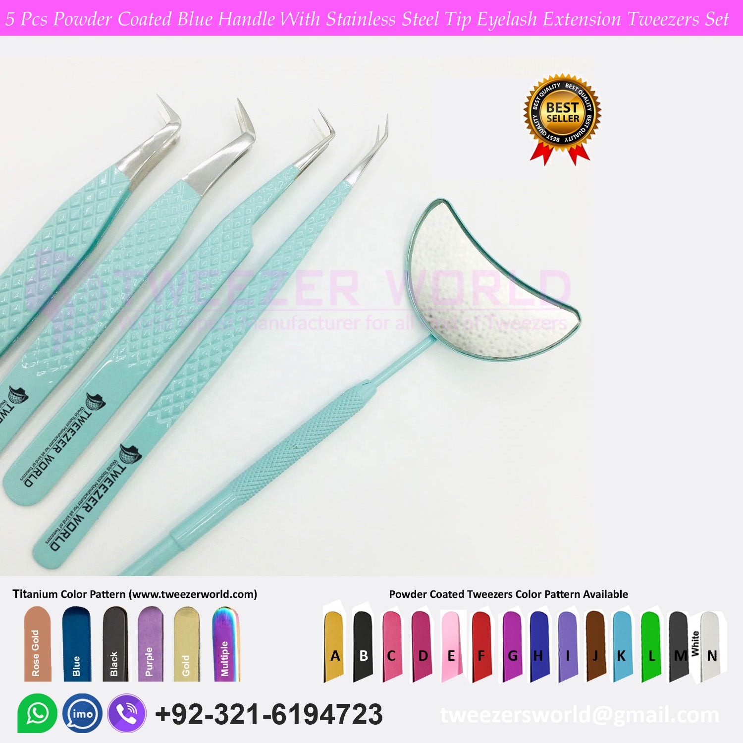 5 Pcs Powder Coated Sky Blue Handle with Stainless Steel Tip Eyelash Extension Tweezers Set