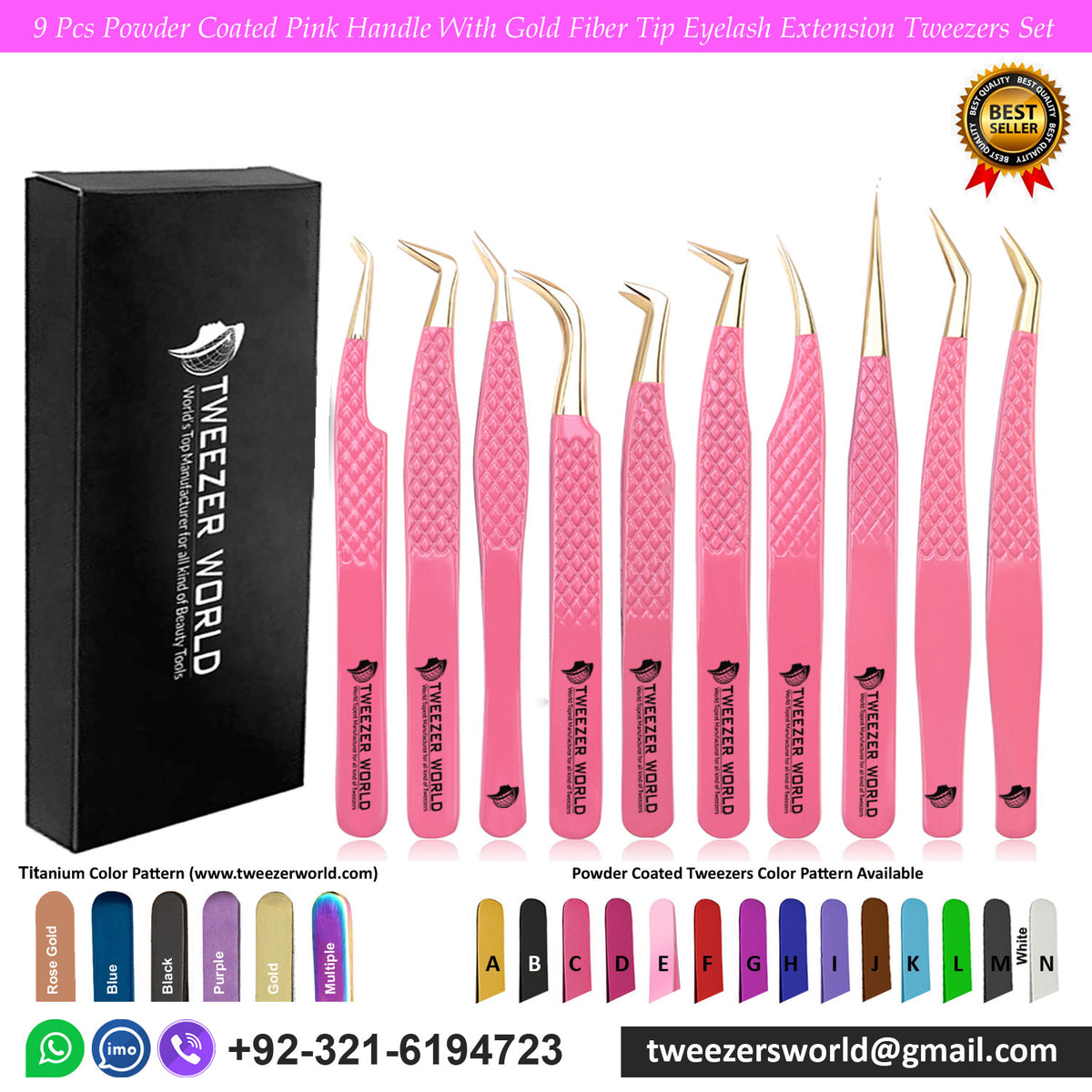 9 Pcs Powder Coated Pink Handle With Gold Fiber Tip Eyelash Extension Tweezers Set